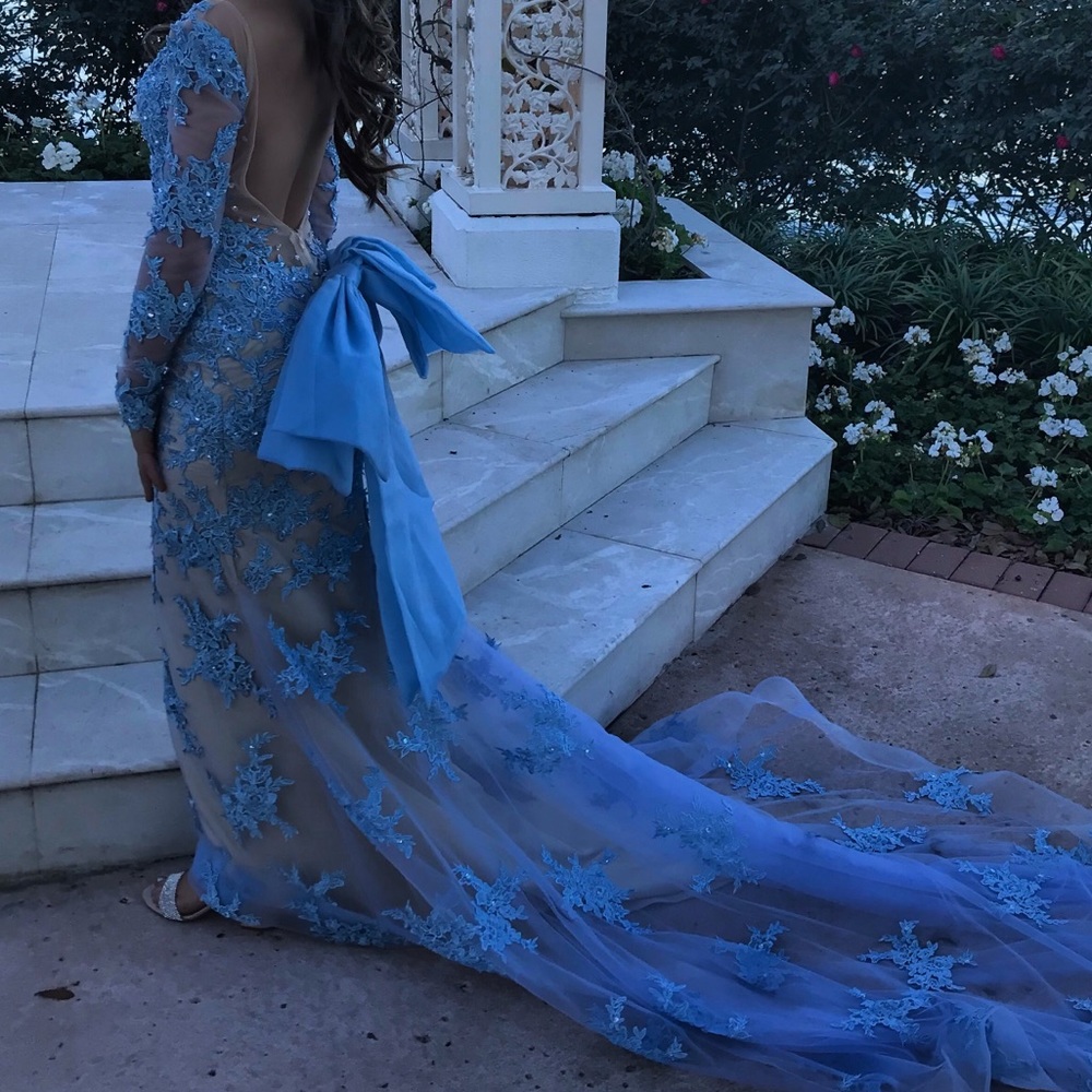 Baby blue and tan long formal dress - Picture 2 of 2